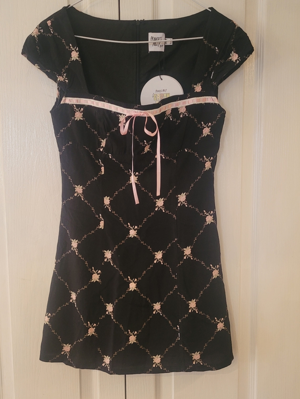 Princess Polly Black Mini Dress with Pale Pink Floral Lattice NWT